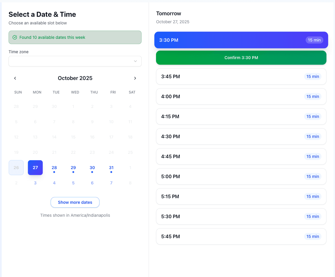 Pipe Crush Online Booking - Calendar Interface