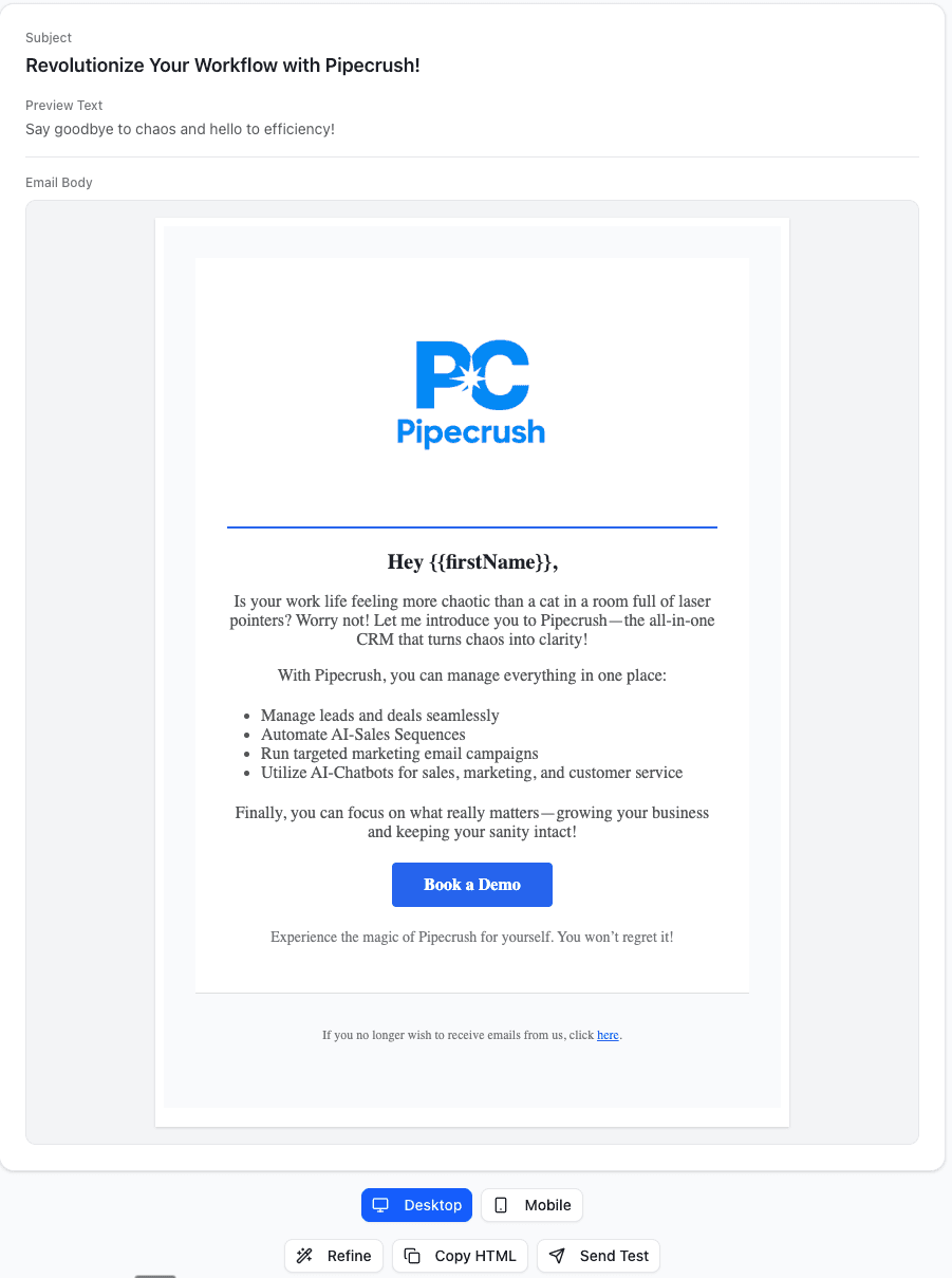 Pipe Crush AI Email Marketing - Smart Campaign Dashboard