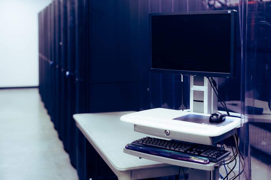 Modern data center with computer and server racks representing data migration process