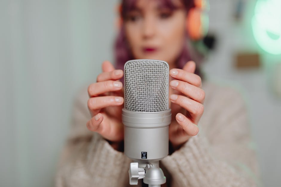 Woman using voice interface with microphone — the future of CRM interaction is here today